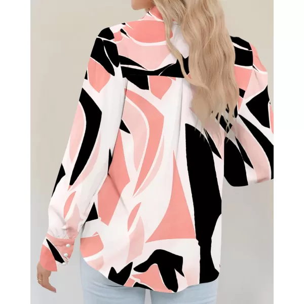 BTFBM Women Fashion Button Down Shirts Lapel V Neck Printed Solid Boho Long Sleeve Blouses Dressy Casual Summer Fall TopPrint Black Pink