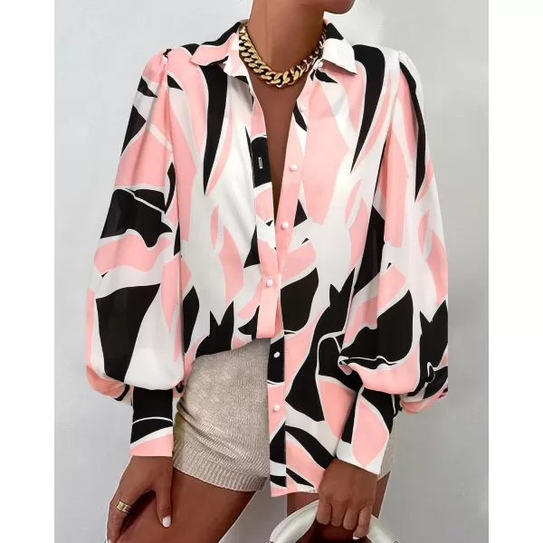 BTFBM Women Fashion Button Down Shirts Lapel V Neck Printed Solid Boho Long Sleeve Blouses Dressy Casual Summer Fall TopPrint Black Pink