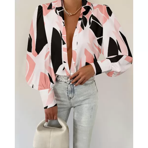 BTFBM Women Fashion Button Down Shirts Lapel V Neck Printed Solid Boho Long Sleeve Blouses Dressy Casual Summer Fall TopPrint Black Pink
