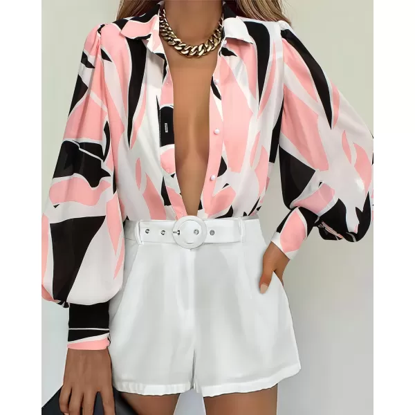 BTFBM Women Fashion Button Down Shirts Lapel V Neck Printed Solid Boho Long Sleeve Blouses Dressy Casual Summer Fall TopPrint Black Pink