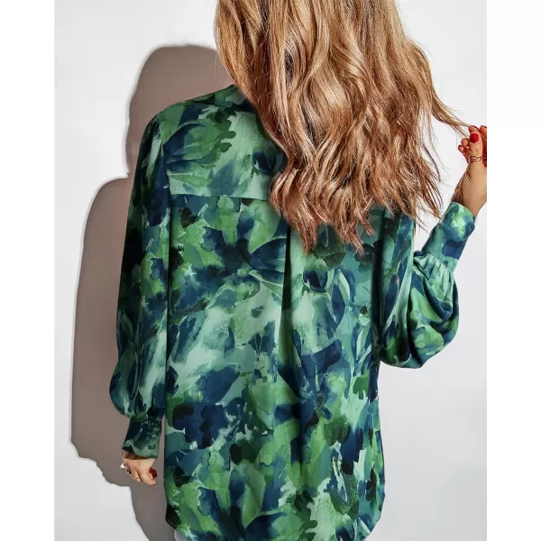 BTFBM Women Fashion Button Down Shirts Lapel V Neck Printed Solid Boho Long Sleeve Blouses Dressy Casual Summer Fall TopPrint Green