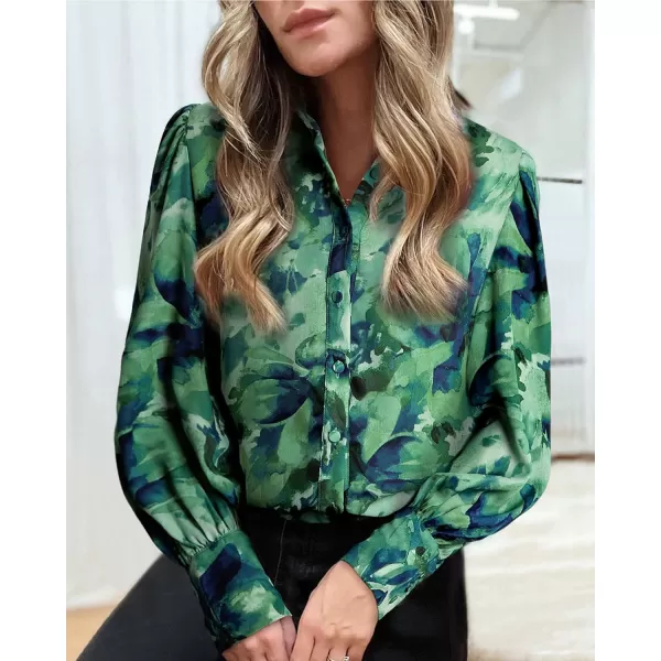 BTFBM Women Fashion Button Down Shirts Lapel V Neck Printed Solid Boho Long Sleeve Blouses Dressy Casual Summer Fall TopPrint Green