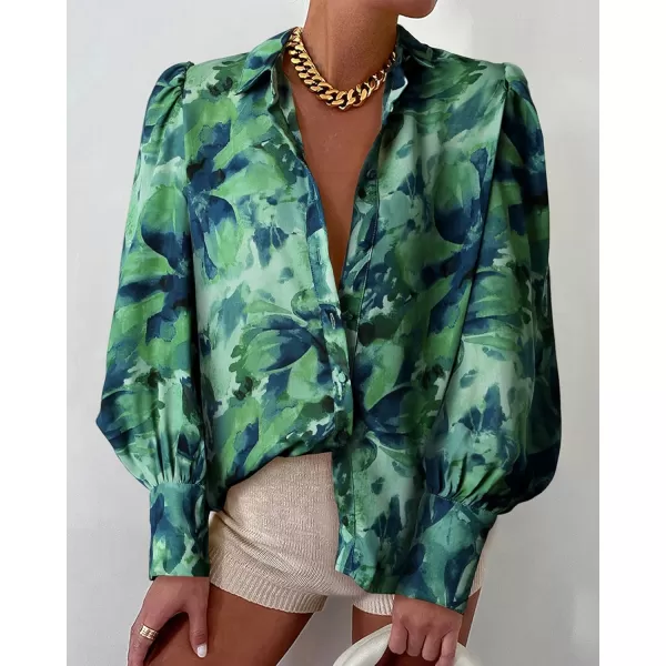 BTFBM Women Fashion Button Down Shirts Lapel V Neck Printed Solid Boho Long Sleeve Blouses Dressy Casual Summer Fall TopPrint Green