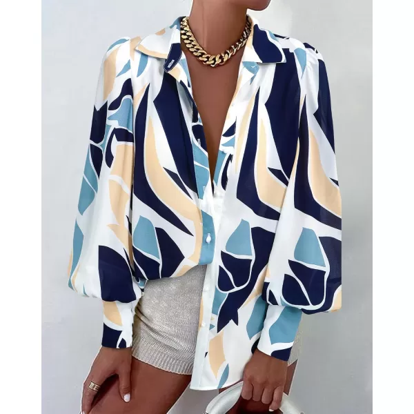 BTFBM Women Fashion Button Down Shirts Lapel V Neck Printed Solid Boho Long Sleeve Blouses Dressy Casual Summer Fall TopPrint Navy