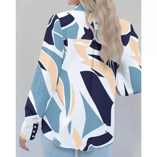 BTFBM Women Fashion Button Down Shirts Lapel V Neck Printed Solid Boho Long Sleeve Blouses Dressy Casual Summer Fall TopPrint Navy