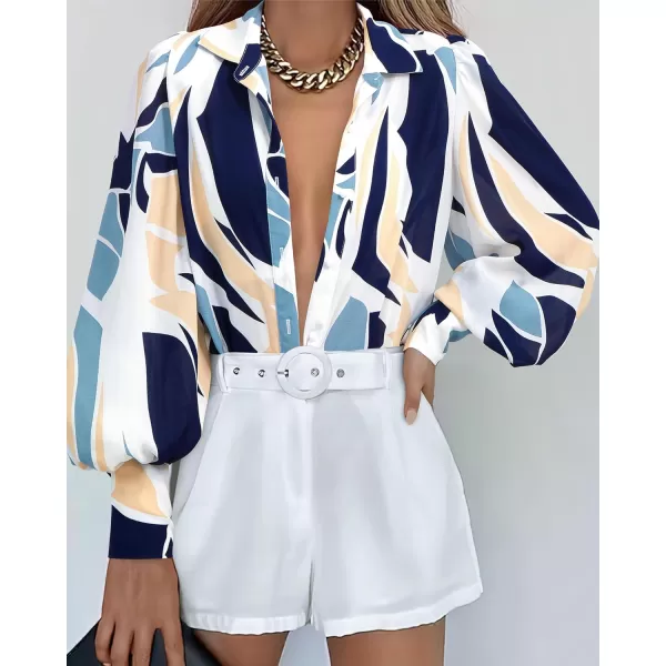 BTFBM Women Fashion Button Down Shirts Lapel V Neck Printed Solid Boho Long Sleeve Blouses Dressy Casual Summer Fall TopPrint Navy