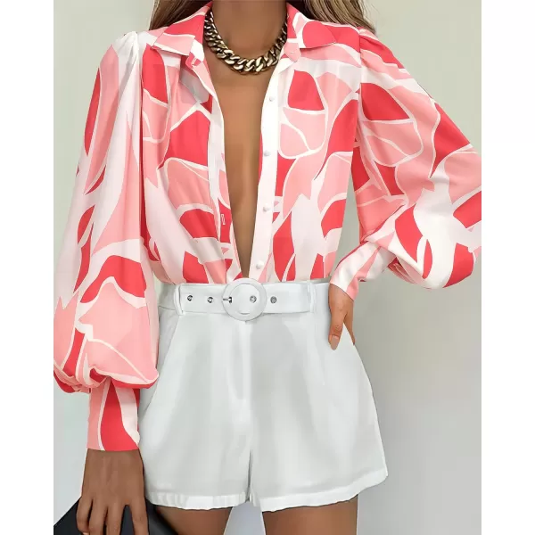 BTFBM Women Fashion Button Down Shirts Lapel V Neck Printed Solid Boho Long Sleeve Blouses Dressy Casual Summer Fall TopPrint Pink