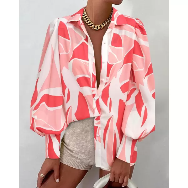 BTFBM Women Fashion Button Down Shirts Lapel V Neck Printed Solid Boho Long Sleeve Blouses Dressy Casual Summer Fall TopPrint Pink