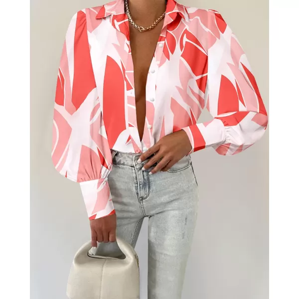 BTFBM Women Fashion Button Down Shirts Lapel V Neck Printed Solid Boho Long Sleeve Blouses Dressy Casual Summer Fall TopPrint Pink