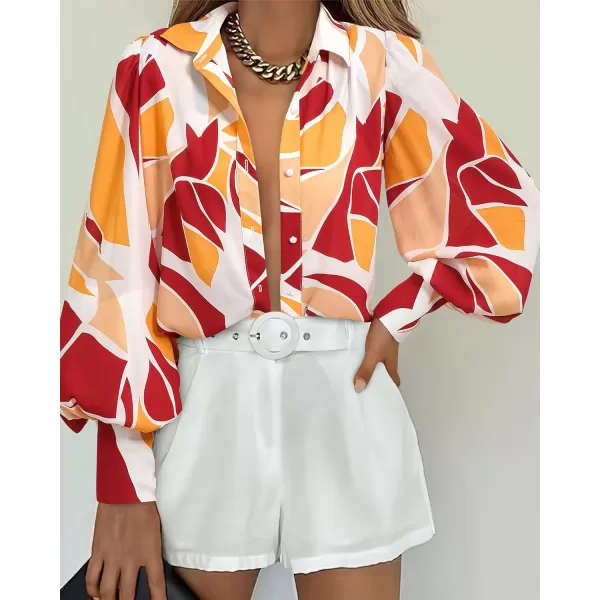 BTFBM Women Fashion Button Down Shirts Lapel V Neck Printed Solid Boho Long Sleeve Blouses Dressy Casual Summer Fall TopPrint Red Brown