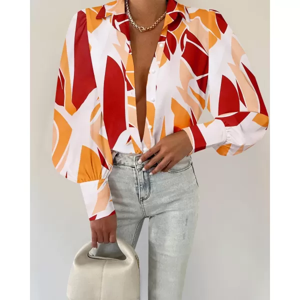 BTFBM Women Fashion Button Down Shirts Lapel V Neck Printed Solid Boho Long Sleeve Blouses Dressy Casual Summer Fall TopPrint Red Brown