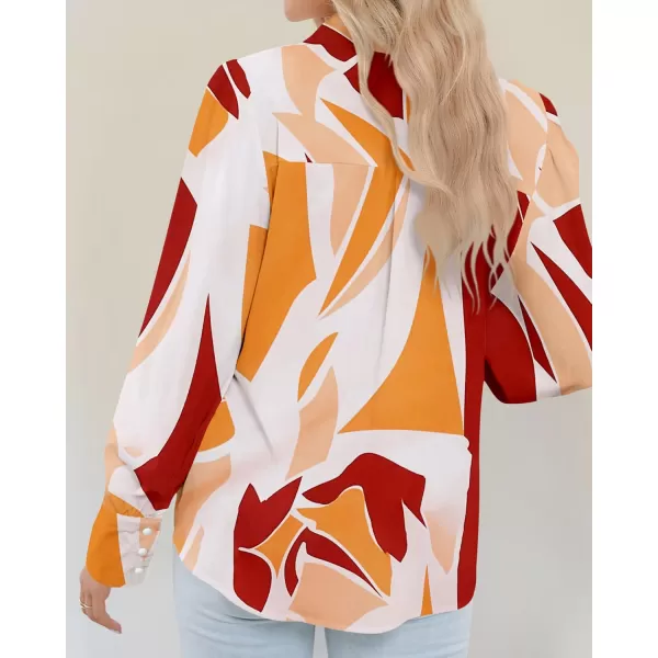BTFBM Women Fashion Button Down Shirts Lapel V Neck Printed Solid Boho Long Sleeve Blouses Dressy Casual Summer Fall TopPrint Red Brown