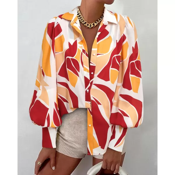 BTFBM Women Fashion Button Down Shirts Lapel V Neck Printed Solid Boho Long Sleeve Blouses Dressy Casual Summer Fall TopPrint Red Brown