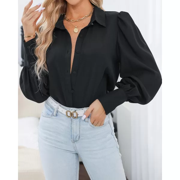 BTFBM Women Fashion Button Down Shirts Lapel V Neck Printed Solid Boho Long Sleeve Blouses Dressy Casual Summer Fall TopSolid Black