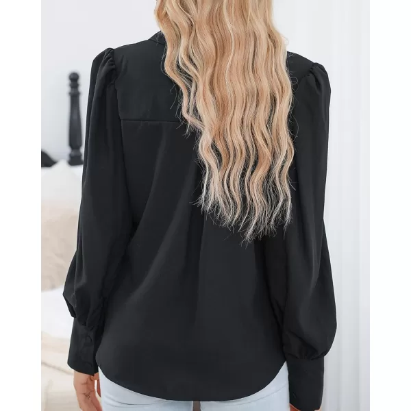 BTFBM Women Fashion Button Down Shirts Lapel V Neck Printed Solid Boho Long Sleeve Blouses Dressy Casual Summer Fall TopSolid Black