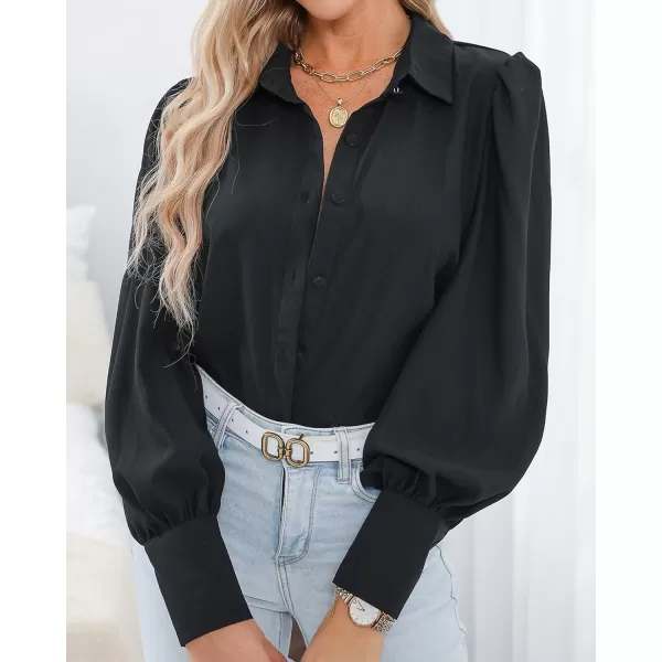 BTFBM Women Fashion Button Down Shirts Lapel V Neck Printed Solid Boho Long Sleeve Blouses Dressy Casual Summer Fall TopSolid Black