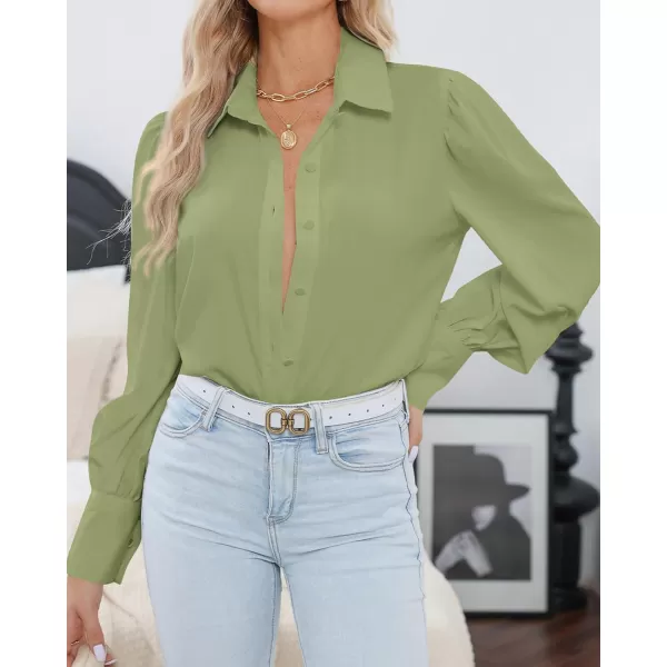 BTFBM Women Fashion Button Down Shirts Lapel V Neck Printed Solid Boho Long Sleeve Blouses Dressy Casual Summer Fall TopSolid Green