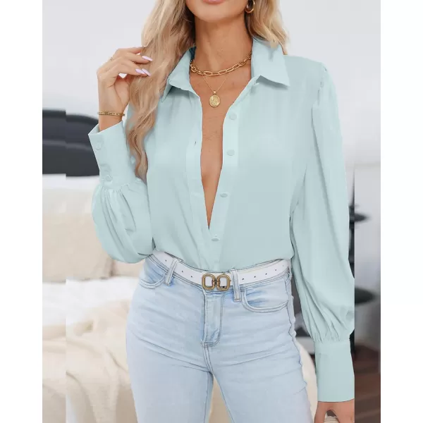 BTFBM Women Fashion Button Down Shirts Lapel V Neck Printed Solid Boho Long Sleeve Blouses Dressy Casual Summer Fall TopSolid Light Blue