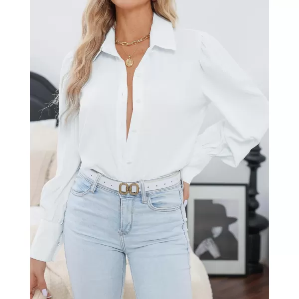 BTFBM Women Fashion Button Down Shirts Lapel V Neck Printed Solid Boho Long Sleeve Blouses Dressy Casual Summer Fall TopSolid White