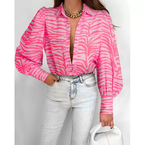 BTFBM Women Fashion Button Down Shirts Lapel V Neck Printed Solid Boho Long Sleeve Blouses Dressy Casual Summer Fall TopStriped Pink