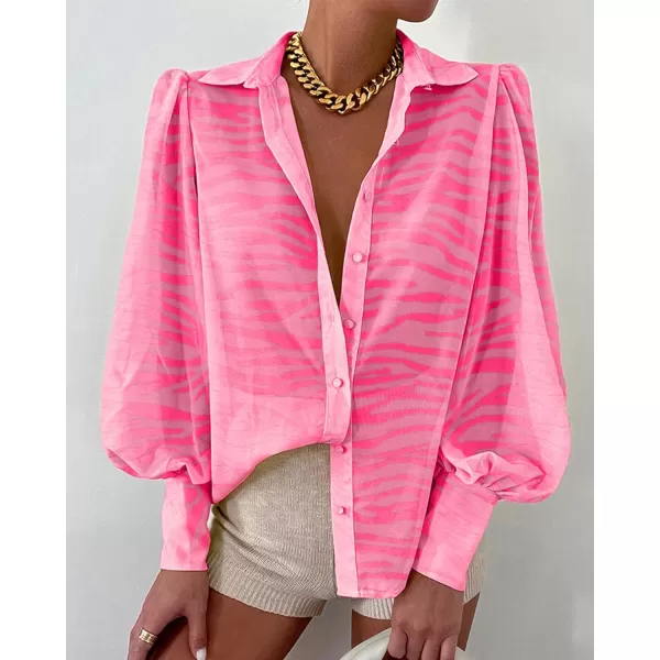 BTFBM Women Fashion Button Down Shirts Lapel V Neck Printed Solid Boho Long Sleeve Blouses Dressy Casual Summer Fall TopStriped Pink