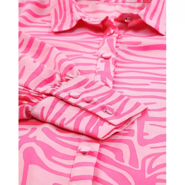 BTFBM Women Fashion Button Down Shirts Lapel V Neck Printed Solid Boho Long Sleeve Blouses Dressy Casual Summer Fall TopStriped Pink