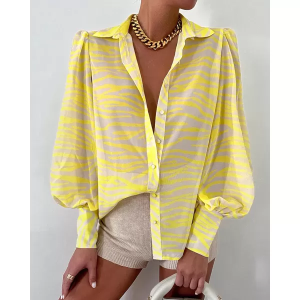BTFBM Women Fashion Button Down Shirts Lapel V Neck Printed Solid Boho Long Sleeve Blouses Dressy Casual Summer Fall TopStriped Yellow