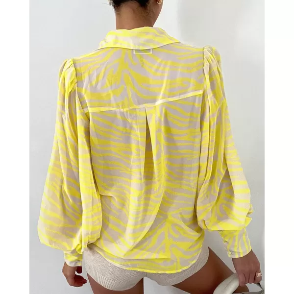 BTFBM Women Fashion Button Down Shirts Lapel V Neck Printed Solid Boho Long Sleeve Blouses Dressy Casual Summer Fall TopStriped Yellow