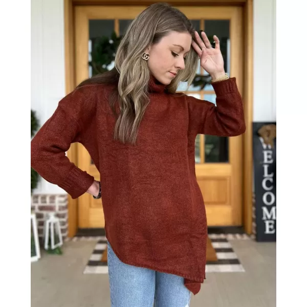 BTFBM Women Long Sleeve Turtleneck Knit Sweater Asymmetric Hem Oversized Fall Winter Sweaters Casual Pullover JumperSolid Brick Red