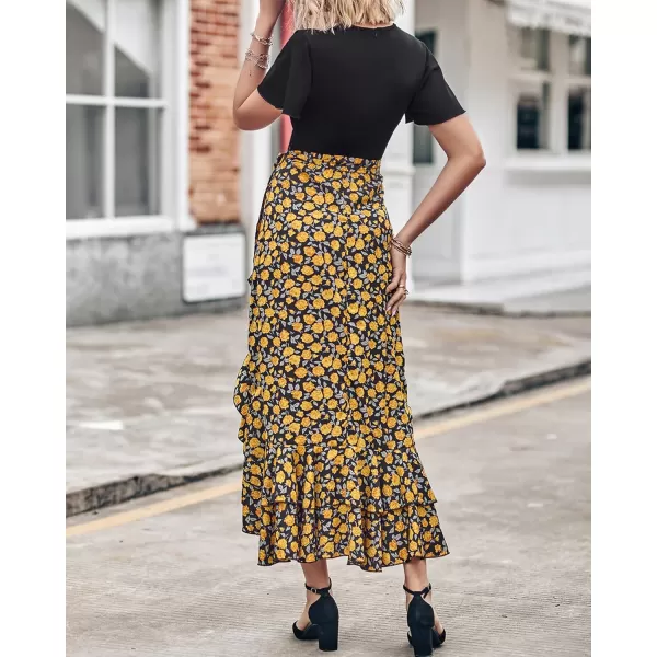 BTFBM Women Maxi Summer Dresses 2024 Short Sleeve V Neck Boho Floral Print Belted High Low Ruffle Cocktail Party DressFloral Black Yellow