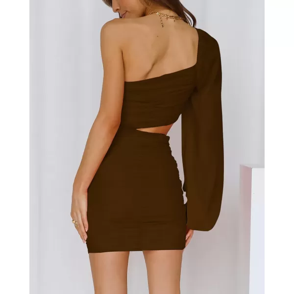 BTFBM Women One Shoulder Ruched Bodycon Mini Dress Puff Long Sleeve 2024 Summer Fall Club Party Cocktail Short DressesZcoffee