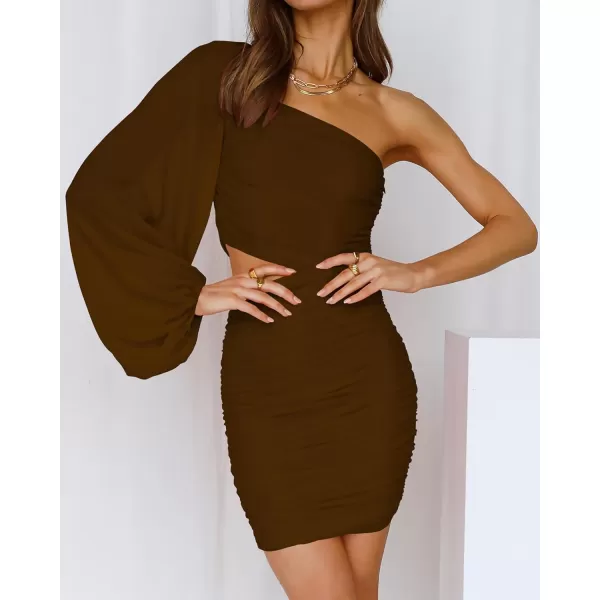 BTFBM Women One Shoulder Ruched Bodycon Mini Dress Puff Long Sleeve 2024 Summer Fall Club Party Cocktail Short DressesZcoffee