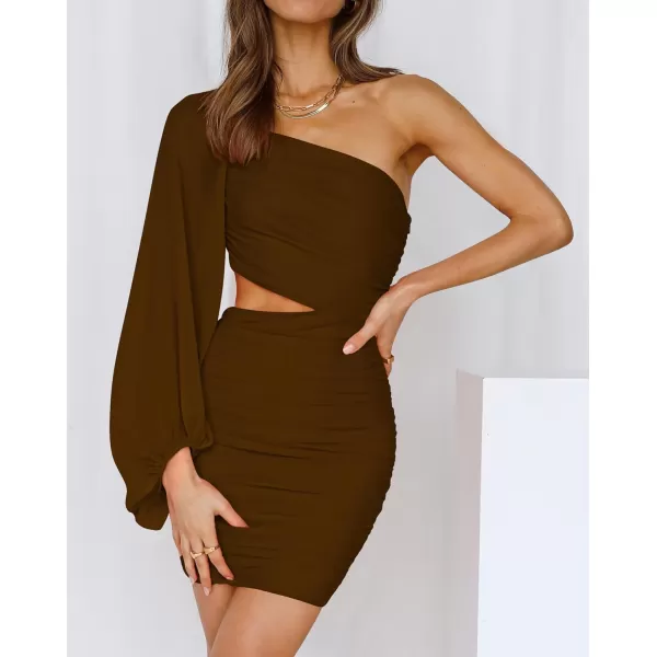 BTFBM Women One Shoulder Ruched Bodycon Mini Dress Puff Long Sleeve 2024 Summer Fall Club Party Cocktail Short DressesZcoffee