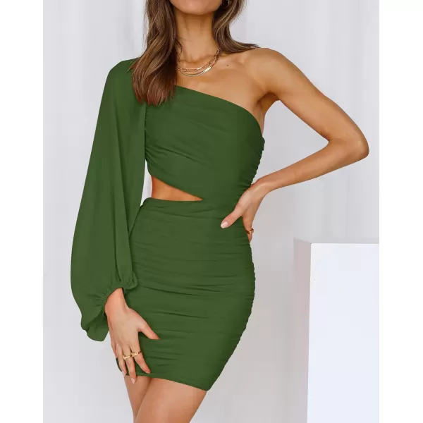 BTFBM Women One Shoulder Ruched Bodycon Mini Dress Puff Long Sleeve 2024 Summer Fall Club Party Cocktail Short DressesZlight Army Green
