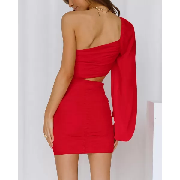 BTFBM Women One Shoulder Ruched Bodycon Mini Dress Puff Long Sleeve 2024 Summer Fall Club Party Cocktail Short DressesZred