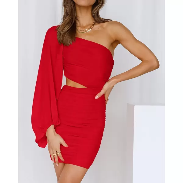 BTFBM Women One Shoulder Ruched Bodycon Mini Dress Puff Long Sleeve 2024 Summer Fall Club Party Cocktail Short DressesZred
