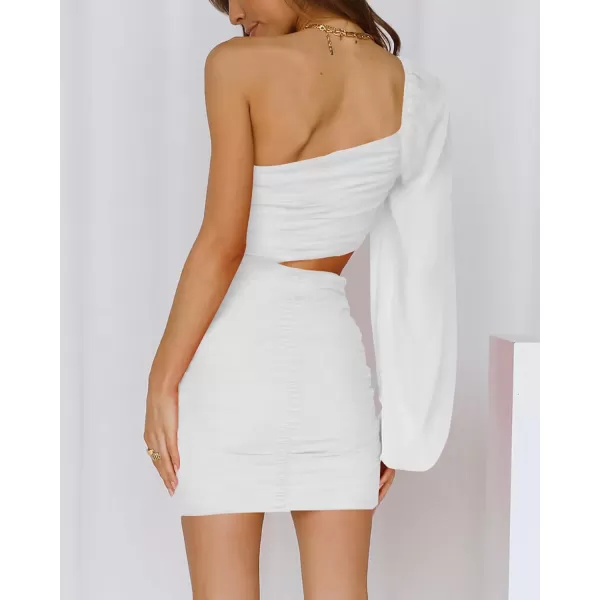 BTFBM Women One Shoulder Ruched Bodycon Mini Dress Puff Long Sleeve 2024 Summer Fall Club Party Cocktail Short DressesZwhite