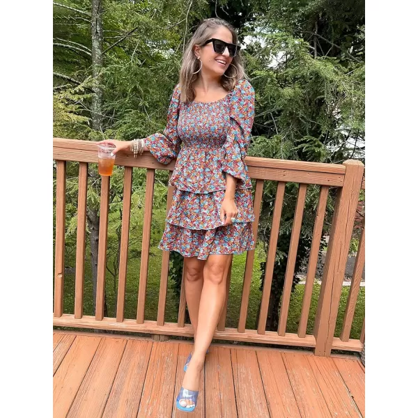 BTFBM Women Square Neck Smocked Dresses 2024 Summer Fall Long Sleeve Floral Swiss Dot Ruffle Party Mini Boho DressFloral Blue Orange