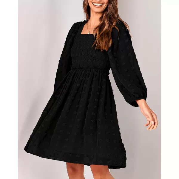 BTFBM Women Square Neck Smocked Dresses 2024 Summer Fall Long Sleeve Floral Swiss Dot Ruffle Party Mini Boho DressSwiss Dot Black