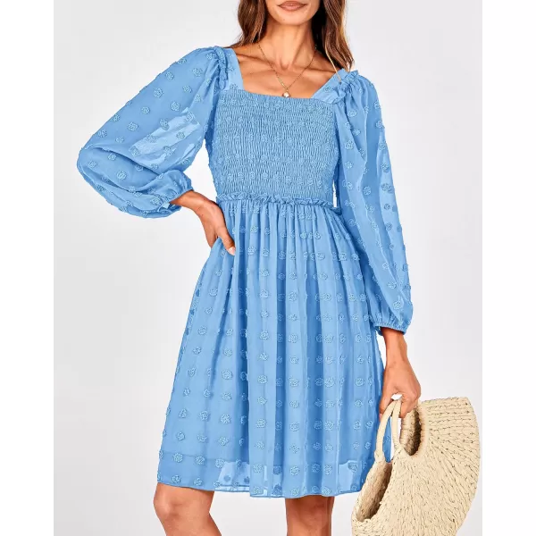 BTFBM Women Square Neck Smocked Dresses 2024 Summer Fall Long Sleeve Floral Swiss Dot Ruffle Party Mini Boho DressSwiss Dot Blue