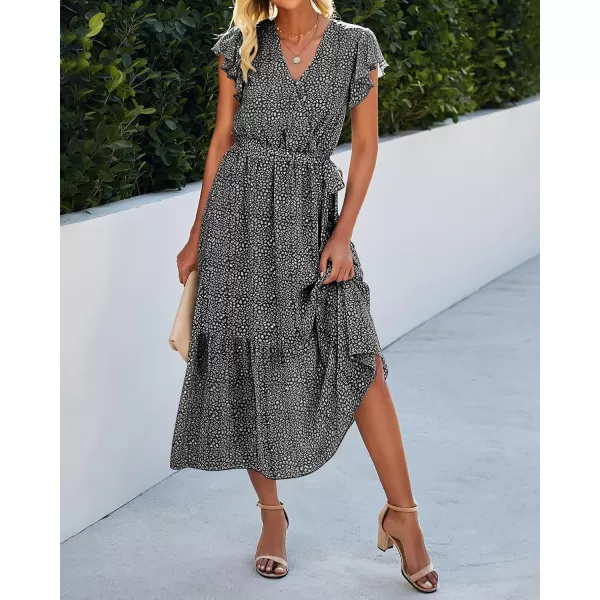 BTFBM Women Summer Bohemian Floral Casual Wrap V Neck Ruffle Cap Sleeveless Belt ALine Pleated Hem Midi Sun Dress WhiteBlack