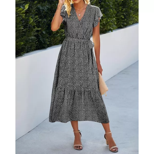 BTFBM Women Summer Bohemian Floral Casual Wrap V Neck Ruffle Cap Sleeveless Belt ALine Pleated Hem Midi Sun Dress WhiteBlack