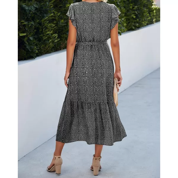 BTFBM Women Summer Bohemian Floral Casual Wrap V Neck Ruffle Cap Sleeveless Belt ALine Pleated Hem Midi Sun Dress WhiteBlack