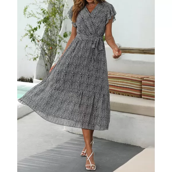 BTFBM Women Summer Bohemian Floral Casual Wrap V Neck Ruffle Cap Sleeveless Belt ALine Pleated Hem Midi Sun Dress WhiteBlack