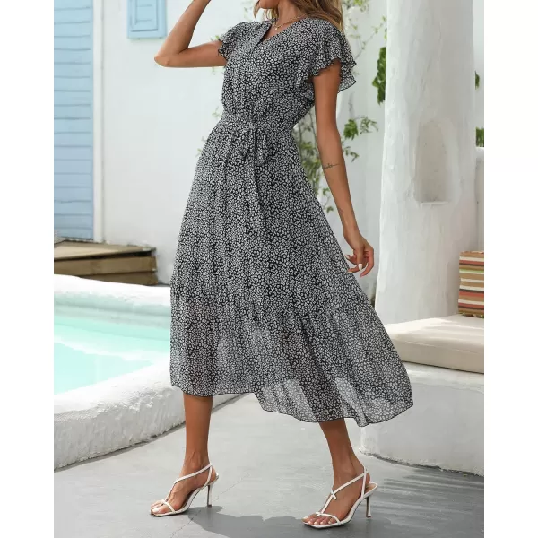 BTFBM Women Summer Bohemian Floral Casual Wrap V Neck Ruffle Cap Sleeveless Belt ALine Pleated Hem Midi Sun Dress WhiteBlack
