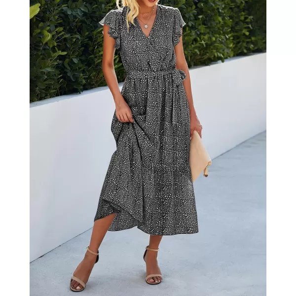 BTFBM Women Summer Bohemian Floral Casual Wrap V Neck Ruffle Cap Sleeveless Belt ALine Pleated Hem Midi Sun Dress WhiteBlack