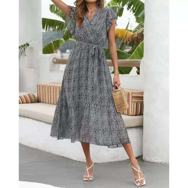 BTFBM Women Summer Bohemian Floral Casual Wrap V Neck Ruffle Cap Sleeveless Belt ALine Pleated Hem Midi Sun Dress WhiteBlack