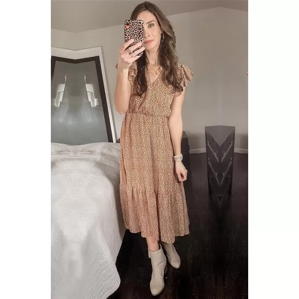 BTFBM Women Summer Bohemian Floral Casual Wrap V Neck Ruffle Cap Sleeveless Belt ALine Pleated Hem Midi Sun Dress WhiteCoffeeWhiteBrown