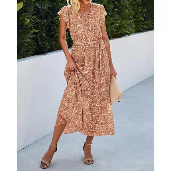 BTFBM Women Summer Bohemian Floral Casual Wrap V Neck Ruffle Cap Sleeveless Belt ALine Pleated Hem Midi Sun Dress WhiteCoffeeWhiteBrown