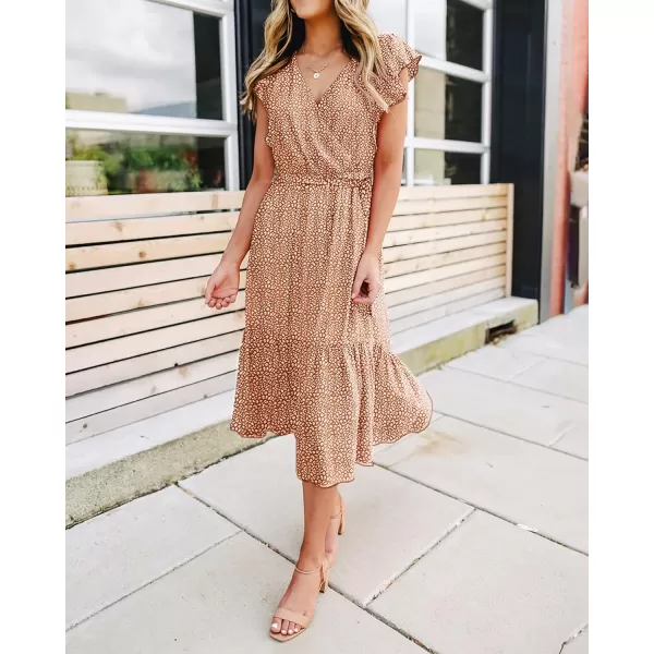 BTFBM Women Summer Bohemian Floral Casual Wrap V Neck Ruffle Cap Sleeveless Belt ALine Pleated Hem Midi Sun Dress WhiteCoffeeWhiteBrown